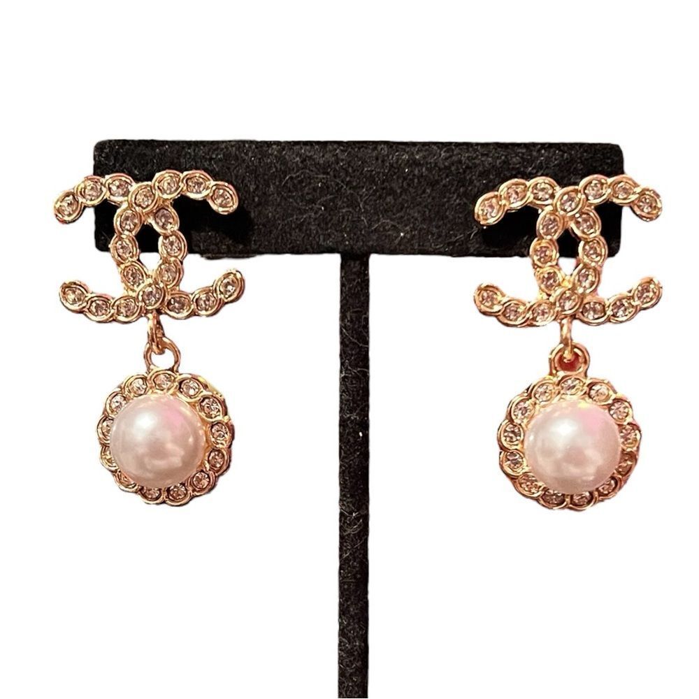 Designer Inspired Gold-Tone Pearl Drop Clear Crystal Logo Dangle Earrings